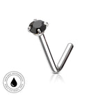 A silver-toned curved barbell piercing stud with a faceted black gemstone, shown on a clean white background with a reflection. A circular 'Skin Safe Waterproof' badge is visible in the bottom-left corner.