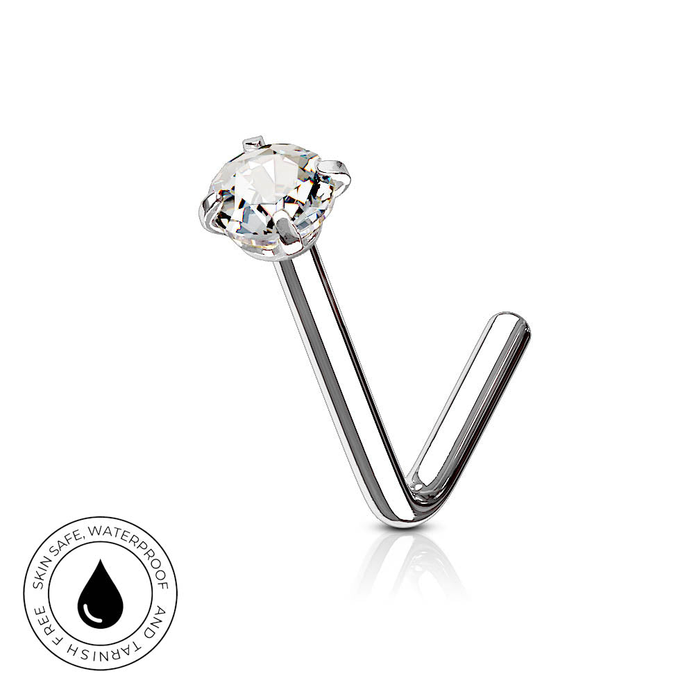 A silver-toned curved barbell stud earring with a clear faceted gemstone, shown on a white background with a small circular 'skin-safe waterproof' badge in the lower left corner.