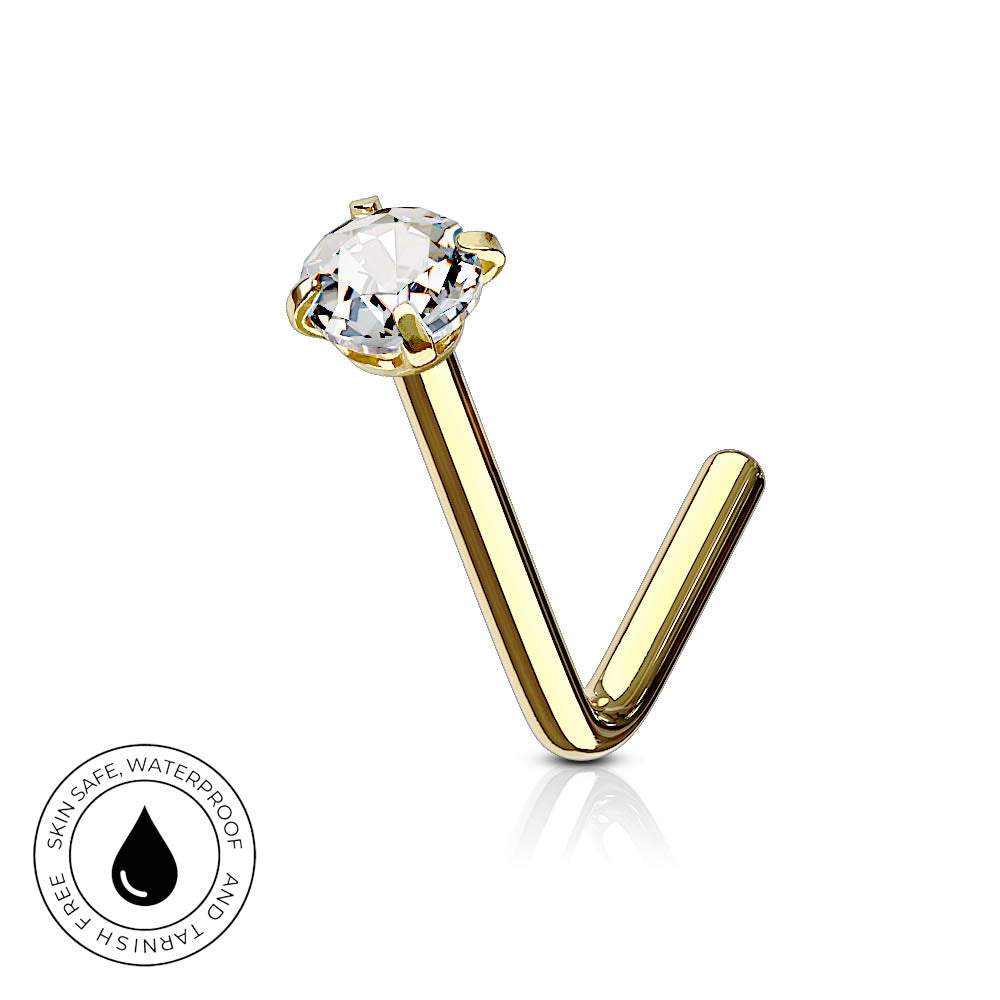 A gold-colored curved barbell stud piercing with a clear faceted gemstone, shown on a white background with a circular 'Skin Safe Waterproof' badge in the bottom-left corner.