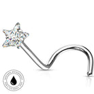 A curved silver-toned nose stud with a five-pointed star-shaped clear gemstone, shown on a white background with a circular 'Skin Safe Waterproof' badge in the lower-left corner.