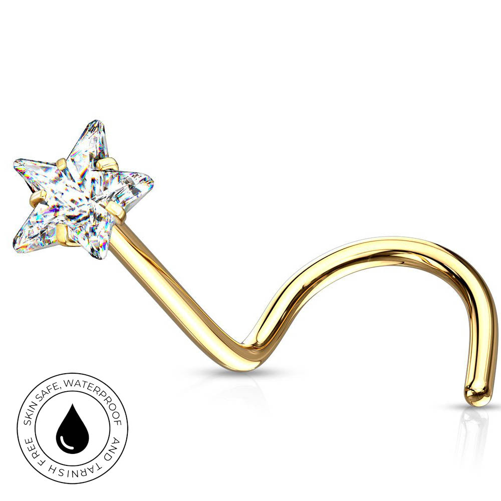 Gold curved barbell nose stud with a five-pointed star-shaped clear crystal, shown on a white background with a circular 'SkinSafe Waterproof' badge in the lower-left corner.