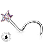 A curved silver-toned nose jewelry piece with a five-pointed star-shaped iridescent crystal on the front, shown on a white background with a circular 'SkinSafe Waterproof' badge in the lower left.