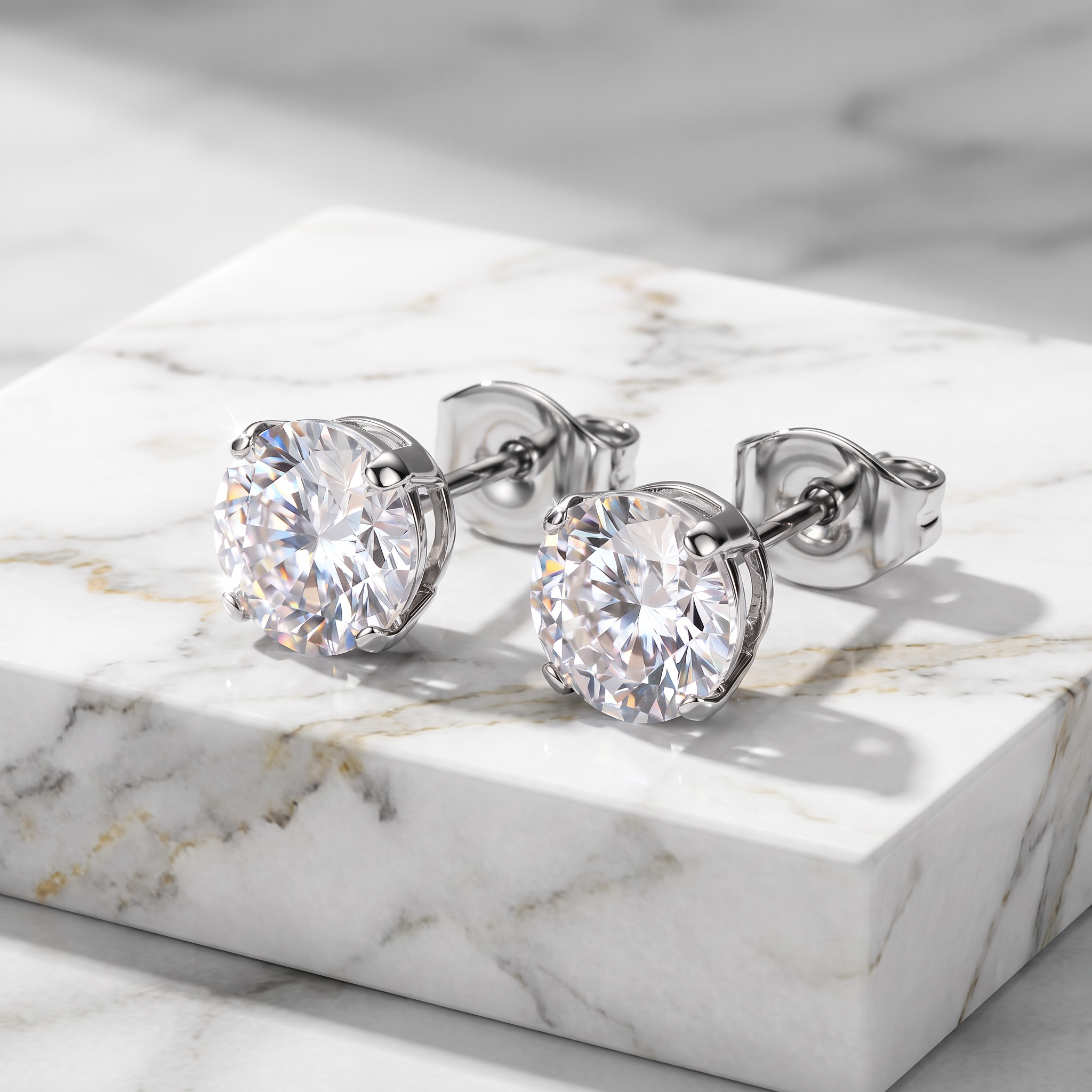 A pair of silver stud earrings with round brilliant-cut clear gemstones, displayed on a white marble block against a marble surface.