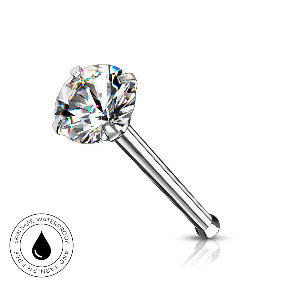 A single-prong solitaire nose ring featuring a clear, faceted gemstone on a polished silver-tone metal post. A circular graphic overlay in the bottom-left corner highlights 'SKINSAFE WATERPROOF' features.