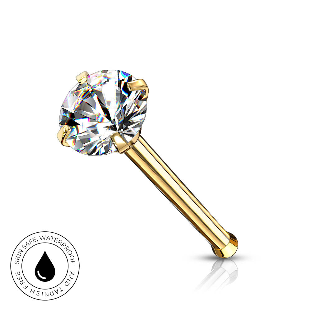 A gold-plated labret nose ring with a large, round-cut clear gemstone in a four-prong setting, shown on a white background with a small circular 'Skin Safe Waterproof' badge in the bottom-left corner.