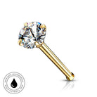 A gold-plated labret nose ring with a large, round-cut clear gemstone in a four-prong setting, shown on a white background with a small circular 'Skin Safe Waterproof' badge in the bottom-left corner.