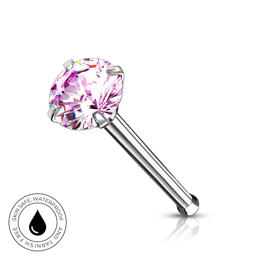 A silver-toned labret piercing stud with a large, round-cut pink gemstone in a prong setting, shown on a clean white background with a subtle reflection. A circular badge in the bottom-left corner highlights 'SKINSAFE WATERPROOF' features.