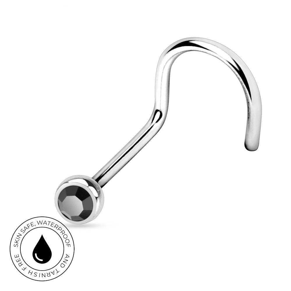 A curved silver-toned metal nose barbell stud with a faceted black gemstone, shown on a plain white background with a circular 'Skin Safe Waterproof' badge in the lower-left corner.