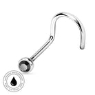 A curved silver-toned metal nose barbell stud with a faceted black gemstone, shown on a plain white background with a circular 'Skin Safe Waterproof' badge in the lower-left corner.