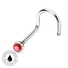 A curved silver-toned labret piercing stud with a faceted red gemstone on a white background, featuring a circular 'Skin Safe Waterproof' badge in the lower-left corner.