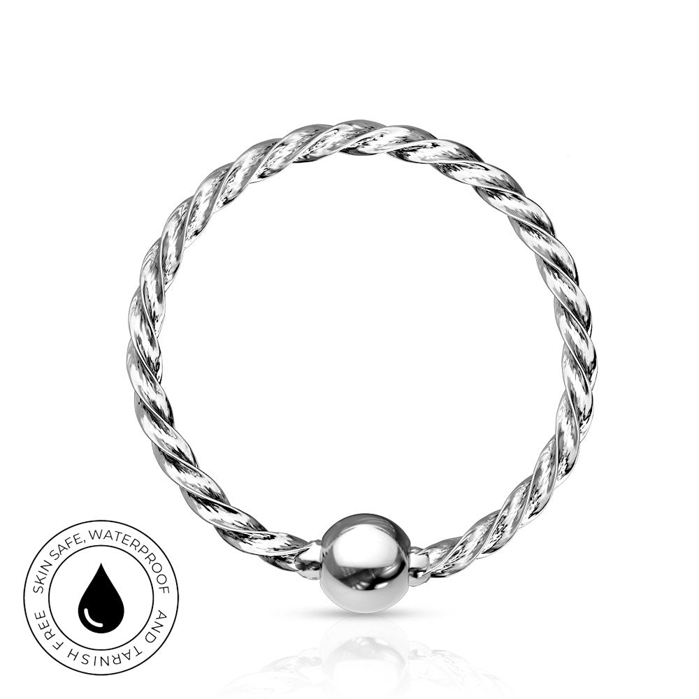 A silver twisted rope ring with a polished spherical bead, shown on a white background with a small circular 'skin-safe waterproof and tarnish free' badge in the lower left corner.