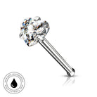 A silver-toned labret piercing barbell with a large, clear heart-shaped gemstone, shown on a white background with a reflection and a circular 'SkinSafe Waterproof' badge in the bottom-left corner.