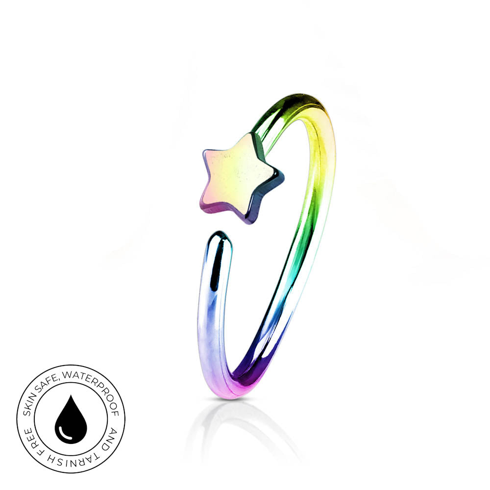 A stainless steel open ring piercing barbell featuring a small star charm with an iridescent rainbow finish. The barbell is shown on a clean white background with a reflection at the bottom and a circular 'Skin Safe Waterproof' badge in the lower-left corner.