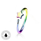 A stainless steel open ring piercing barbell featuring a small star charm with an iridescent rainbow finish. The barbell is shown on a clean white background with a reflection at the bottom and a circular 'Skin Safe Waterproof' badge in the lower-left corner.