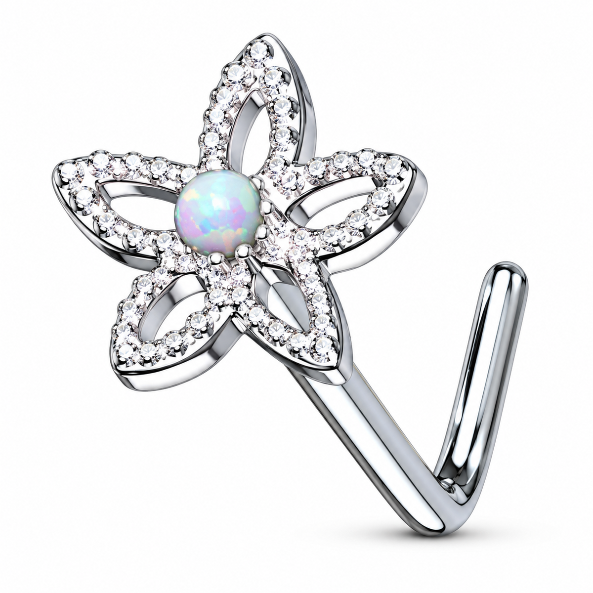 A silver-toned flower-shaped ring with a central iridescent opal gemstone and clear crystal accents, shown on a plain white background.