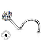 A curved silver-toned nose ring with a large, round-cut clear gemstone in a prong setting, shown on a white background with a small circular 'SkinSafe Waterproof' badge in the lower-left corner.