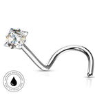 A curved silver nose ring with a square-cut clear gemstone, shown on a white background with a 'SkinSafe Waterproof' badge in the lower-left corner.