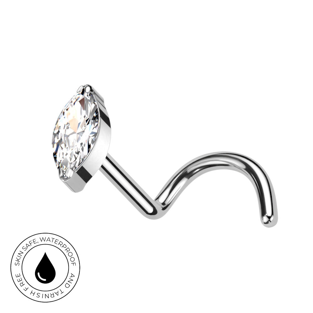 A curved barbell nose piercing stud featuring a marquise-cut clear gemstone in a silver-toned setting, shown on a plain white background with a circular 'Skin Safe Waterproof' badge in the lower-left corner.