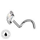 A curved barbell nose piercing stud featuring a marquise-cut clear gemstone in a silver-toned setting, shown on a plain white background with a circular 'Skin Safe Waterproof' badge in the lower-left corner.