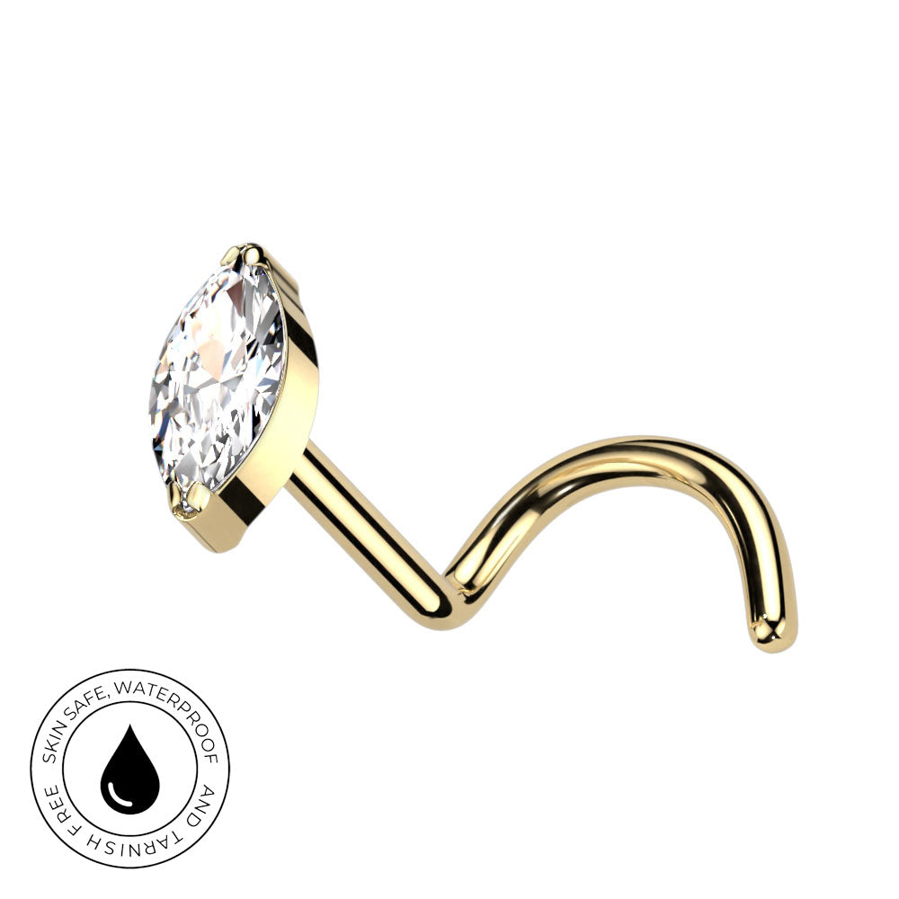 Gold curved barbell stud piercing with a marquise-cut clear gemstone, shown on a white background with a circular 'Skin Safe Waterproof' badge in the lower-left corner.