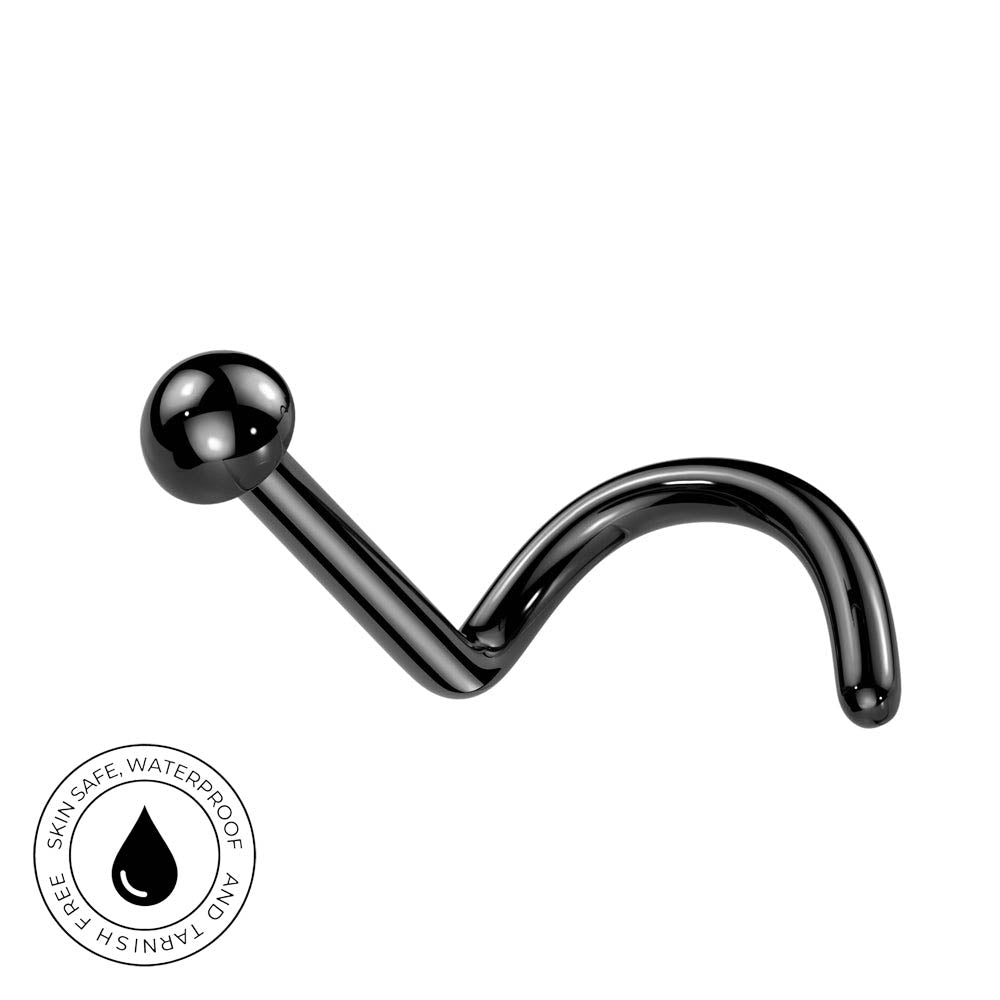 A black metallic curved barbell piercing stud with a spherical ball end, shown on a plain white background with a circular 'Skin Safe Waterproof' badge in the lower-left corner.