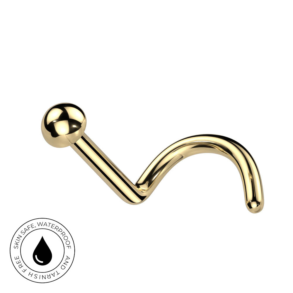 Gold curved barbell piercing jewelry with a ball end and a hook-like bend, shown on a white background with a circular waterproof badge in the lower left corner.