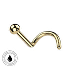 Gold curved barbell piercing jewelry with a ball end and a hook-like bend, shown on a white background with a circular waterproof badge in the lower left corner.