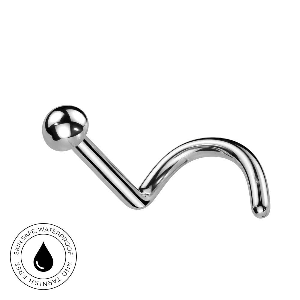 A curved barbell piercing stud with a polished metallic silver finish, shown on a plain white background with a circular 'Skin Safe Waterproof' badge in the bottom-left corner.