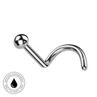A curved barbell piercing stud with a polished metallic silver finish, shown on a plain white background with a circular 'Skin Safe Waterproof' badge in the bottom-left corner.