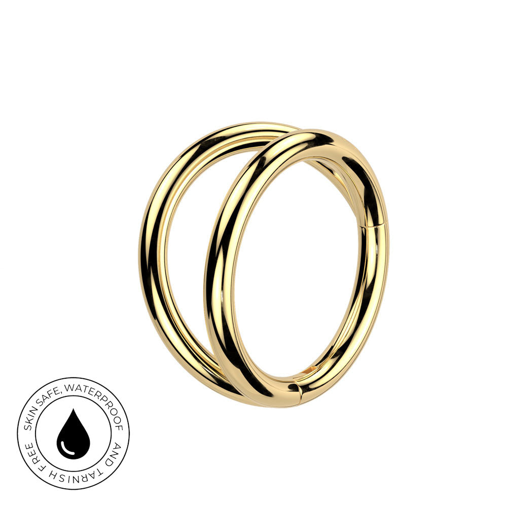 A polished gold-plated dual-loop hoop earring, shown on a clean white background with a circular 'Skin Safe Waterproof' certification badge in the bottom-left corner.