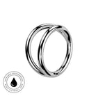 A polished silver-toned triple-band hoop ring shown on a plain white background, with a circular 'skin-safe waterproof' badge in the lower-left corner.