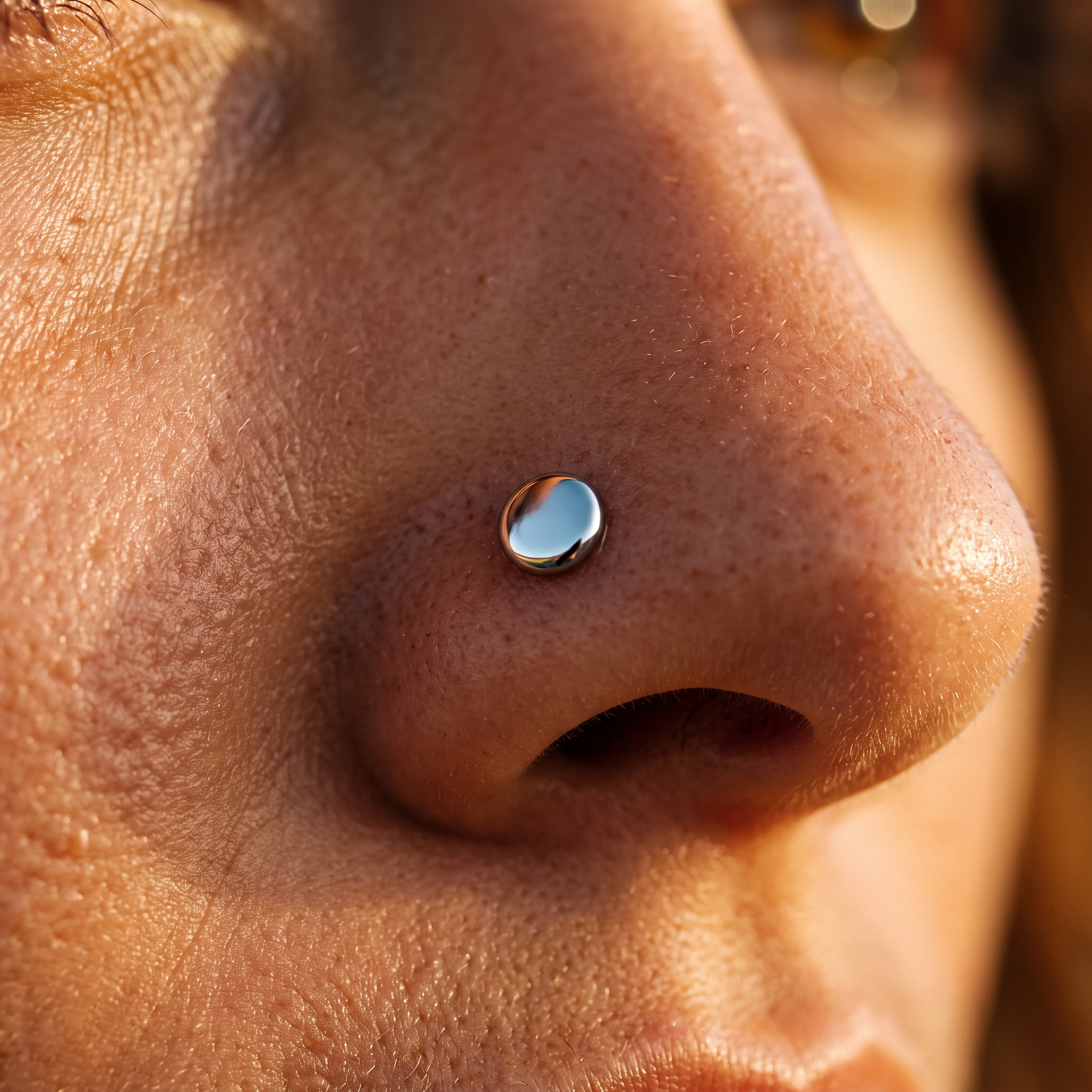 A close-up of a person's nose wearing a small, round, polished silver nose stud.