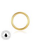 A gold-plated skin-safe waterproof ring clasp, shown on a clean white background with a subtle reflection. A circular badge in the bottom-left corner highlights its skin-safe, waterproof, and tarnish-free qualities.
