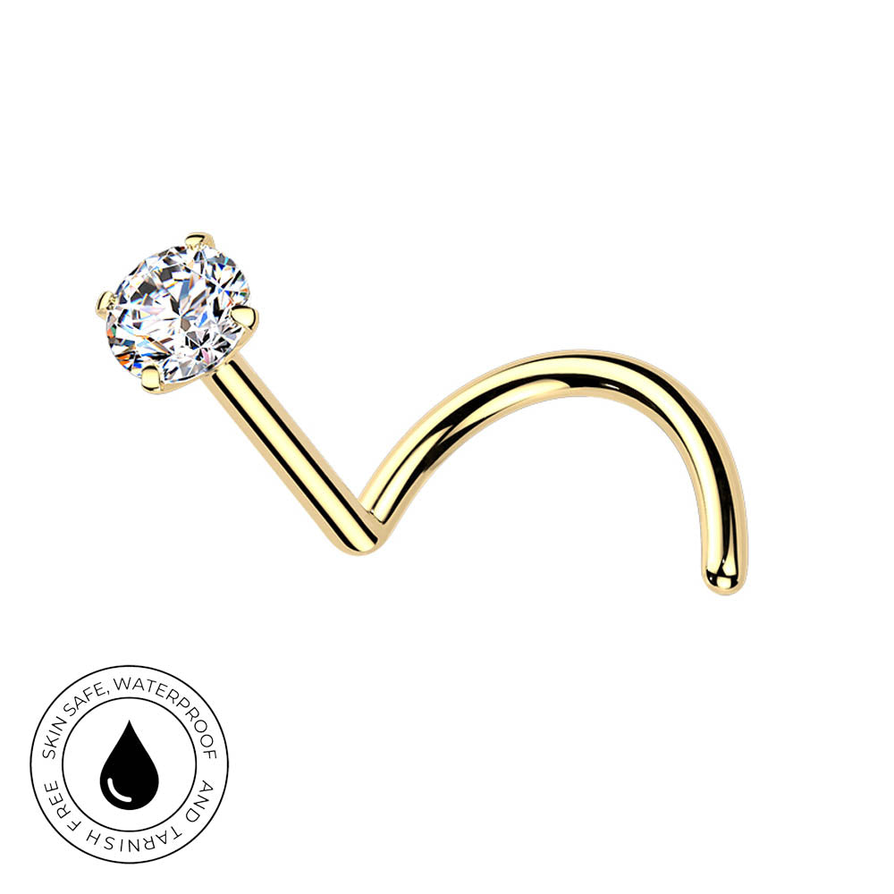Gold curved barbell nose ring with a round clear gemstone, shown on a white background with a circular 'Skin Safe Waterproof' badge in the bottom-left corner.