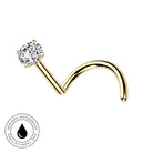 Gold curved barbell nose ring with a round clear gemstone, shown on a white background with a circular 'Skin Safe Waterproof' badge in the bottom-left corner.