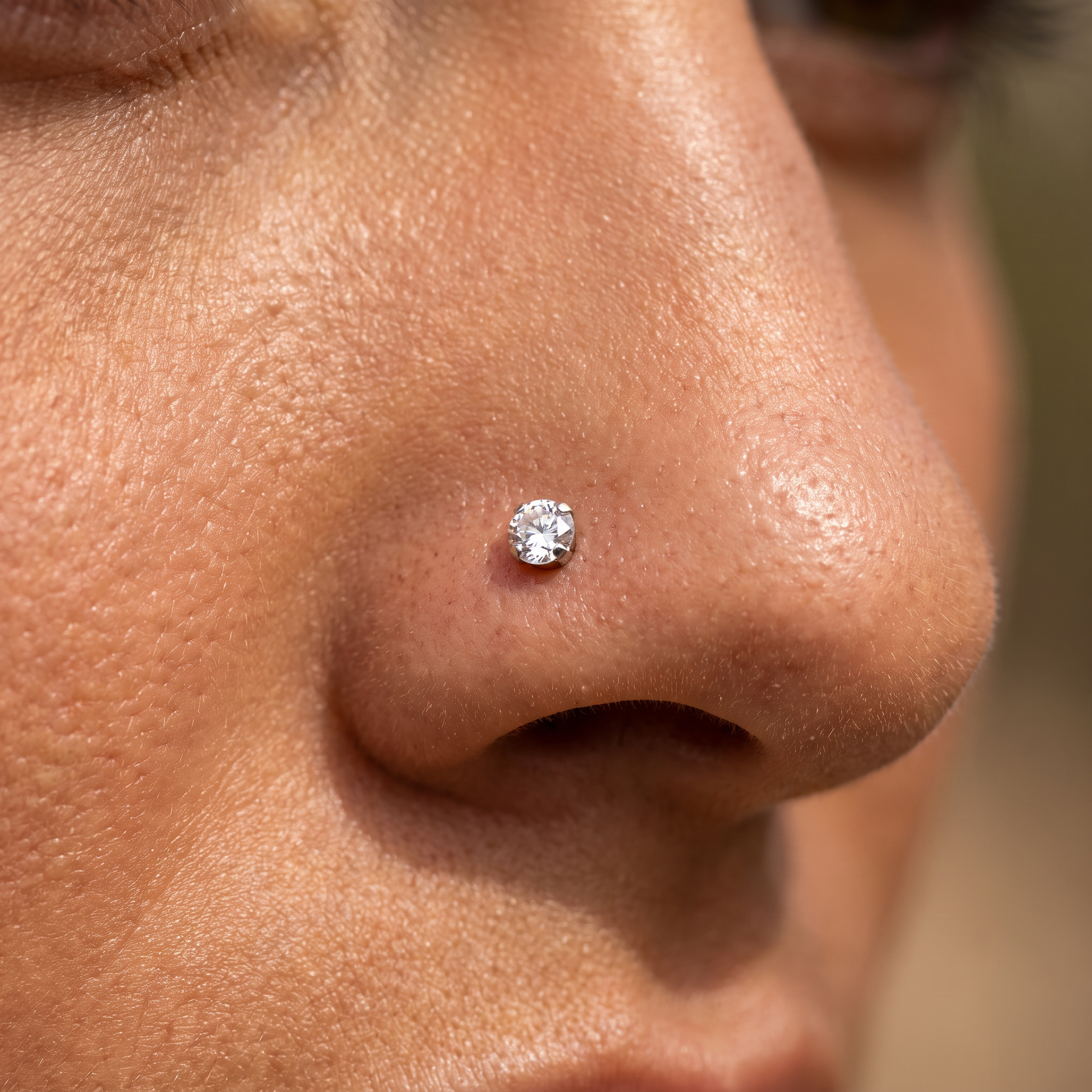 A close-up of a person's nose wearing a single round clear gemstone stud earring in a silver-toned setting.