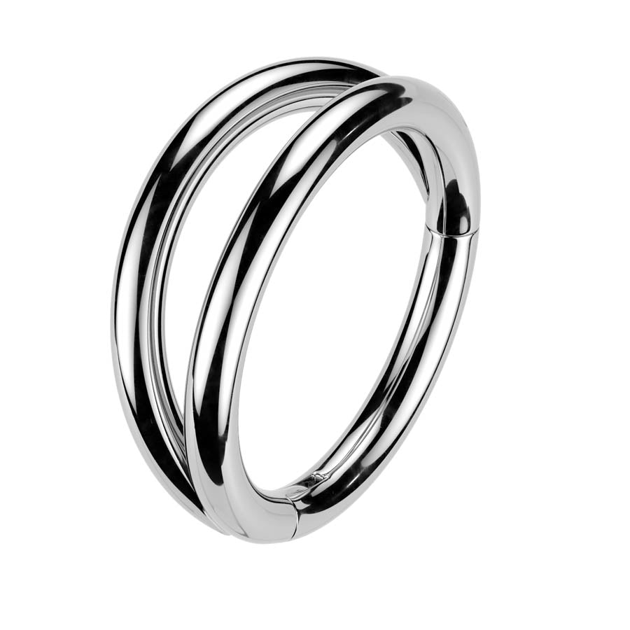 A polished silver-toned metal ring with TWO  interlocking circular bands, shown on a plain white background.