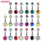 A multi-pack of silver-toned labret belly button piercings with round faceted gemstones in multiple colors, arranged in a grid on a white background with a pink 'MULTI PACK' label in the top-left corner.