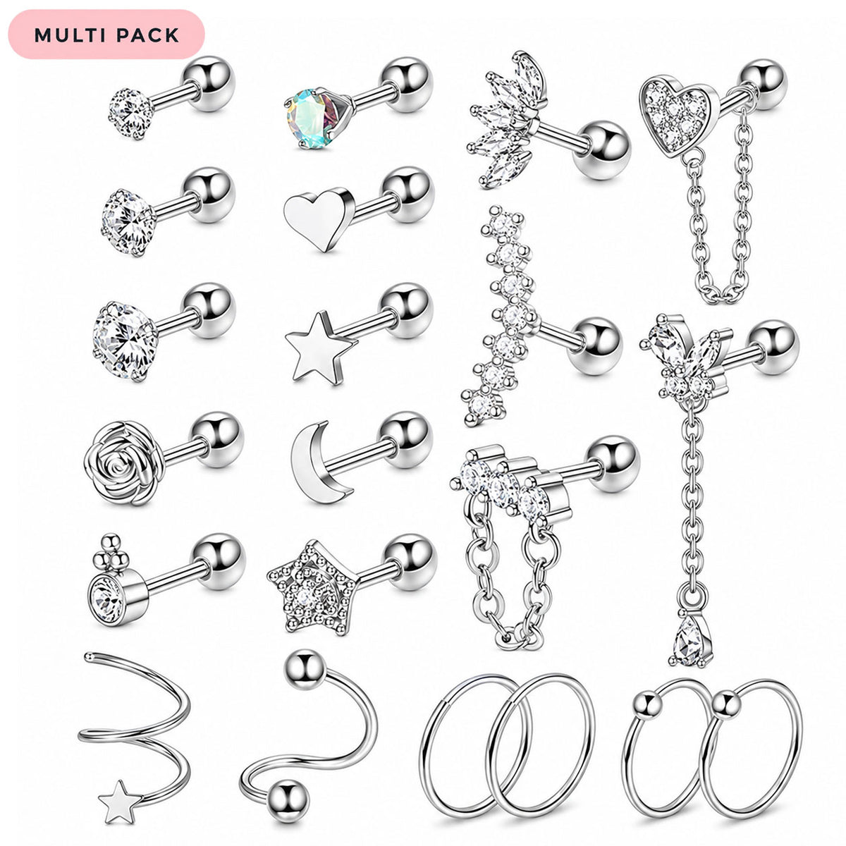A 16-piece silver multi-pack earring set featuring various stud and hoop designs, including hearts, stars, moons, flowers, and chain details, displayed on a clean white background with a pink 'MULTI PACK' label.