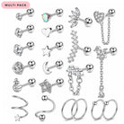 A 16-piece silver multi-pack earring set featuring various stud and hoop designs, including hearts, stars, moons, flowers, and chain details, displayed on a clean white background with a pink 'MULTI PACK' label.