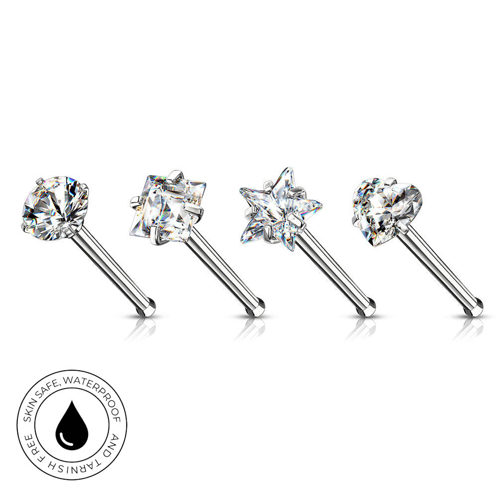 Four silver-toned nose studs with clear gemstones in star and cluster settings, displayed on a white background with a circular 'Skin Safe Waterproof' badge in the lower left.