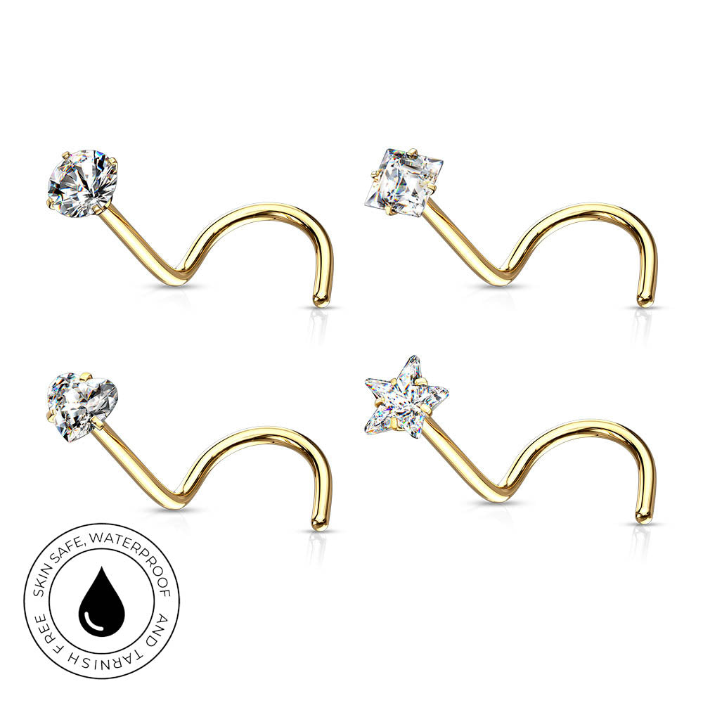 Four gold nose studs arranged in a 2x2 grid on a white background, each with a clear gemstone set in a different shape: round, square, heart, and star. A circular badge in the lower left reads 'Skin Safe Waterproof' with a black droplet icon.