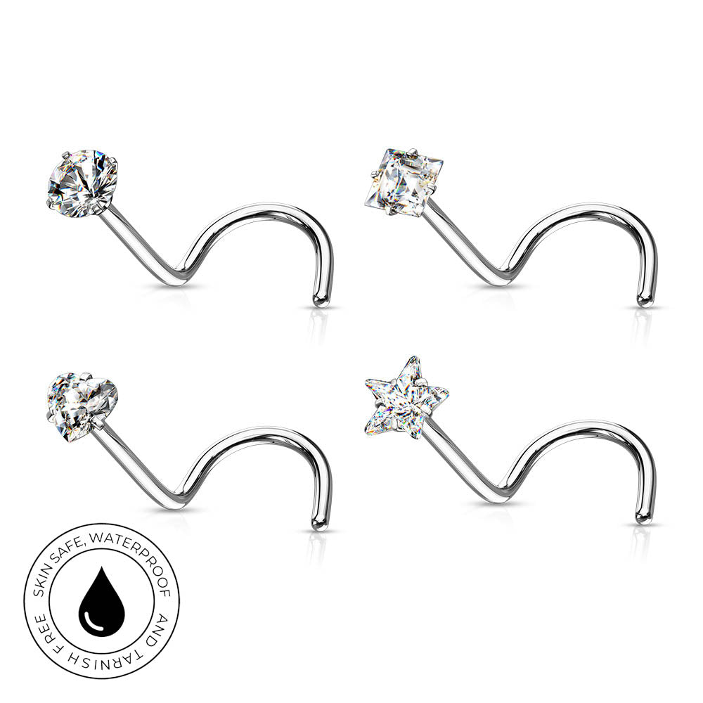 Four silver-toned nose studs arranged in a 2x2 grid on a white background, including two curved barbell designs and two star-shaped designs, each with a clear faceted gemstone. A circular badge in the lower left reads 'SKINSAFE WATERPROOF AND TARNISH FREE' with a droplet icon.