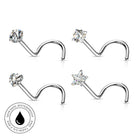 Four silver-toned nose studs arranged in a 2x2 grid on a white background, including two curved barbell designs and two star-shaped designs, each with a clear faceted gemstone. A circular badge in the lower left reads 'SKINSAFE WATERPROOF AND TARNISH FREE' with a droplet icon.