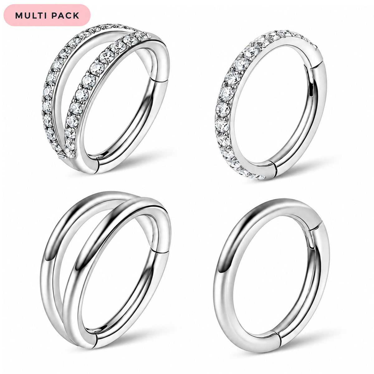 Four silver-toned huggie hoop earrings arranged in a 2x2 grid on a white background, with a pink 'MULTI PACK' label in the top-left corner. The earrings include various settings: double bands with clear stones on one earring, one with stones on the front half, one with no stones, and one fully plain.