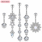 A six-piece silver belly button ring set featuring various crystal and gemstone designs, including round bezel settings, dangling teardrop chains, and floral starburst patterns. The set is displayed on a clean white background with a pink 'MULTI PACK' label in the top left corner.
