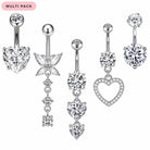 A multi-pack of five silver-toned navel piercings with clear cubic zirconia stones, including a heart, butterfly, dangling heart, and open heart designs, shown on a white background with a pink 'MULTI PACK' label.