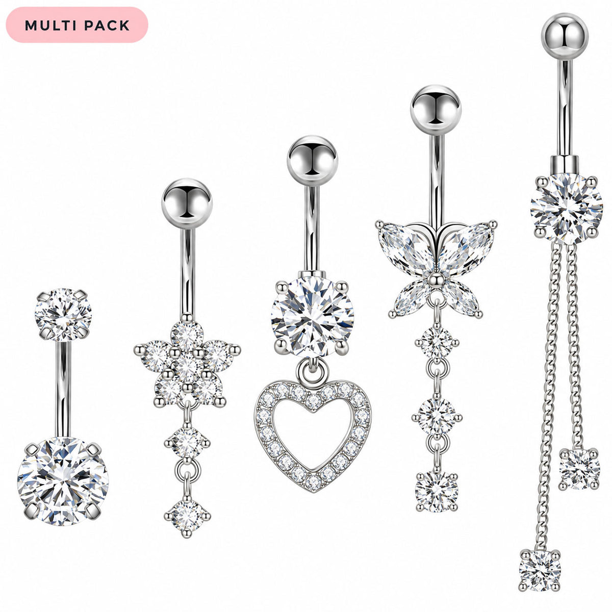 A set of five silver-toned belly button ring piercings with clear rhinestones, shown on a white background with a pink 'MULTI PACK' label in the top left. Designs include a large round stone, a flower, a heart outline, a butterfly, and a dangling chain.