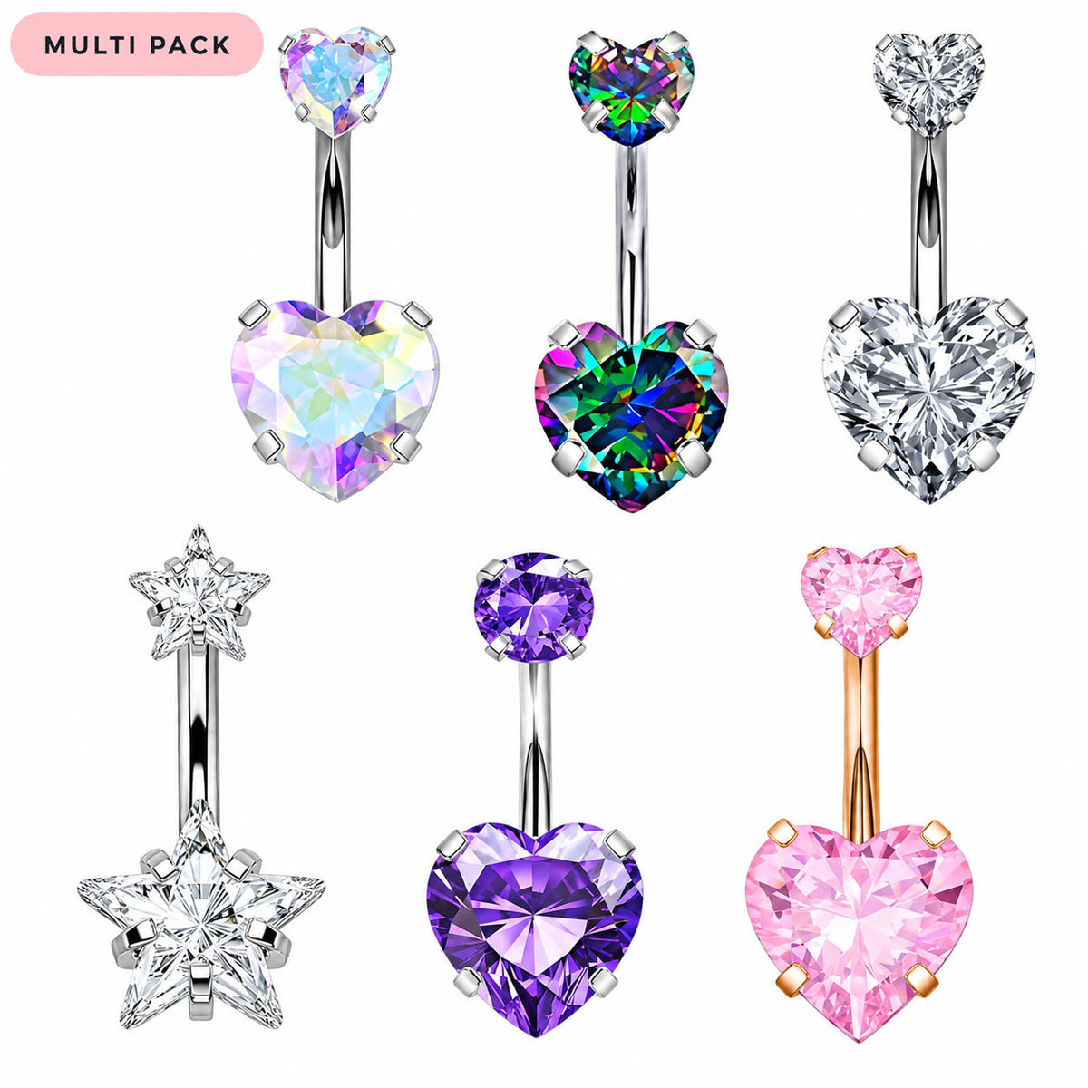 Six multi-piece belly button ring sets displayed on a white background, featuring heart and star-shaped clear and colored gemstones in silver, iridescent, purple, and pink settings.