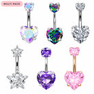 Six multi-piece belly button ring sets displayed on a white background, featuring heart and star-shaped clear and colored gemstones in silver, iridescent, purple, and pink settings.